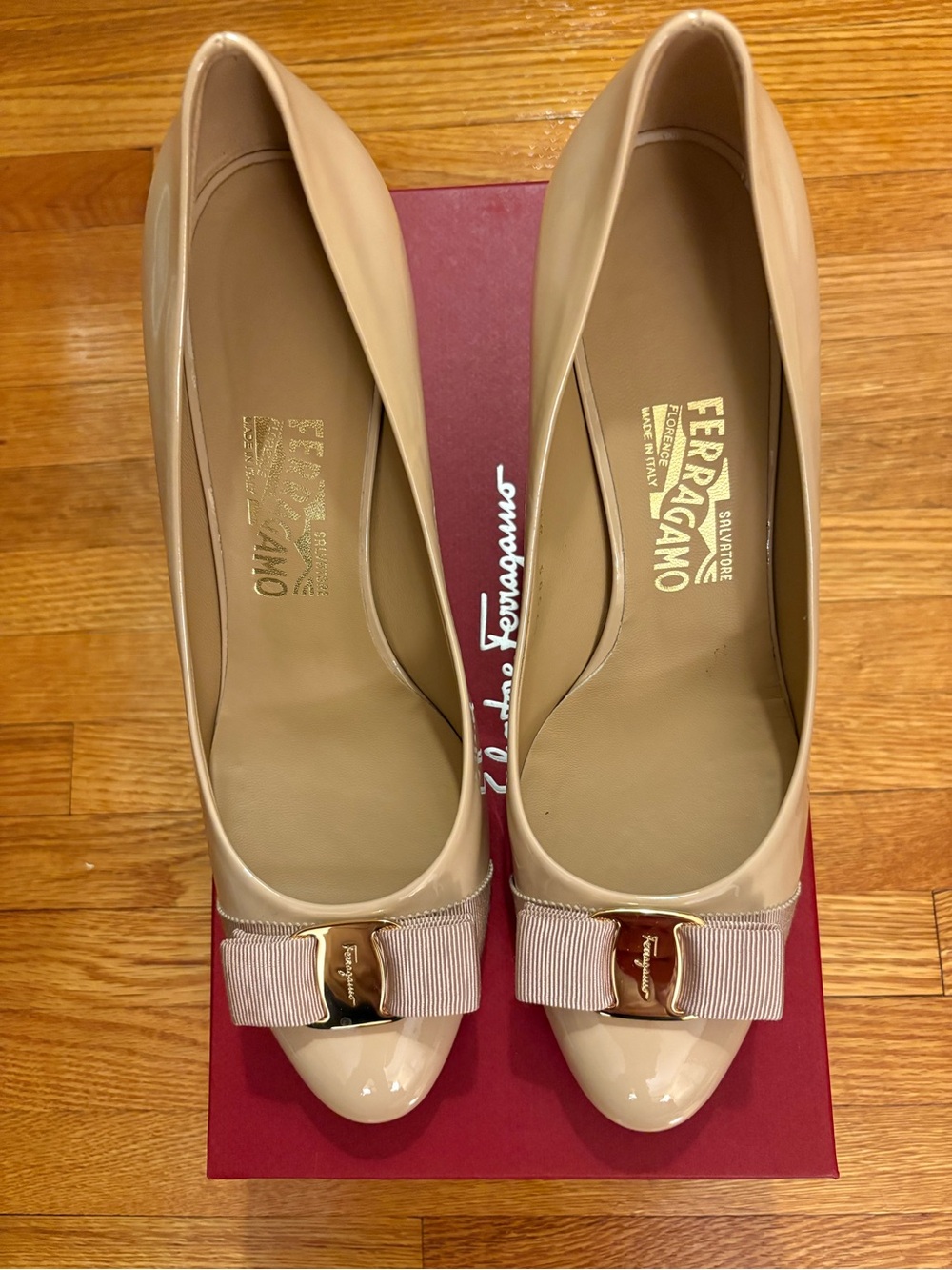 Ferragamo Carla Classic Nude New Bisque Patent Leather Pumps - Women 3” heel